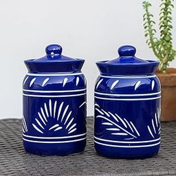 Ceramic Hand-Carved RoyalBlue Pickle Jars in 1000ml (Pack of 2) | Barni Jar with Lid | Achar Container | 1 kg Achaar Martban | Ceramic jars for kitchen storage | Pottery Jars for Achar, Spices, Salt-image-92
