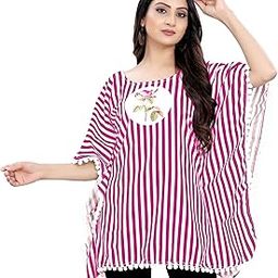 Women's Rayon Blend Striped Short Kaftan Top with Round Neck 3/4 Sleeves and Lace Work | Kaftan Kurti for Women | Pink_XL-image-88
