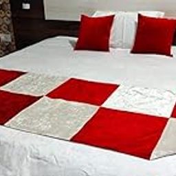 JJ Arts Fine Velvet (Suede) Bed Runner 92x30 inch for Bedroom with 2 pcs Cushion Cover (16x16 Inches) (White & Red Combination)-image-42