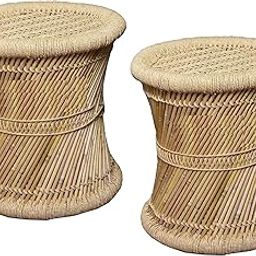 Rajasthani Handmade Bamboo (SARKANDA) mudda/Stool/Chair for Living Room/Office/Home for Indoor/Outdoor Garden | Beige (Set of 2) 14x13 Inches-image-69