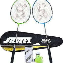Silver's SB-100 Combo-2 (2 B/Badminton Rackets with 1 Full Cover + 2 Pcs Plastic Shuttle) Green-Blue, Steel-31