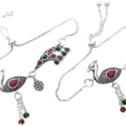 Traditional Peacock Design Anklets, Silver-Plated, Red & Green Beaded, Adjustable Chain, Set of 2-image-80