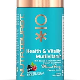 Nutriburst Health & Vitality Gummies with Multi Vitamins A, B, C, D, E & Biotin | No-Added Sugar| Mixed Berry Flavor |100% Vegetarian| 60 Gummy-32