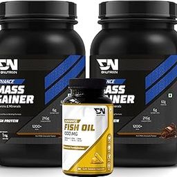 DNUTRIXN Advance Mass Gainer | High Protein with Digestive Enzyme & Multivitamin + Fish Oil 1000MG Softgels 30N | Combo Pack (2kg, Chocolate)-image-4