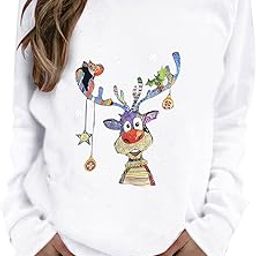 Women’s Winter Reindeer Print Sweatshirt – Funny Graphic Pullover with Long Sleeves | Casual Plus Size Festive Elk Top (White, 4XL)-image-8