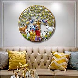 pranjals house Metal Radha Krishna Cow Wall Art Frame, Wall Hangings for Home Decoration, Wall Sculpture for Living Room, Wall Decor Decorative Items (Size: 24X24 IN)-image-66