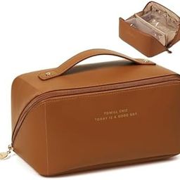 Large Makeup Bag Travel Cosmetic Bag for Women Wide-Open Makeup Bag Portable Leather Travel Toiletry Bag Waterproof Makeup Organizer Bag, Brown, Sweetness-image-55