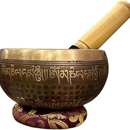 Traditional Tibetan Singing Bowl Set, Brass with Sanskrit Mantra Design, Wooden Striker, Decorative Cushion-image-9