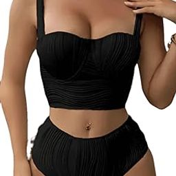 Polyamide Black Bikini with a Wavy Texture | Padded (in-Built Pads with Underwire) | Swimming Costume for Women | Swimwear | Sizes: S to XXL-image-74