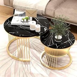 WROUGH IMPEX Round Nesting Coffee Table Set | 2-Piece Modern Side Tables with Iron Frame & MDF Marble Look Top | Small Space Living Room Sofa End Table for Bedroom, Office. (Black & Golden)-22