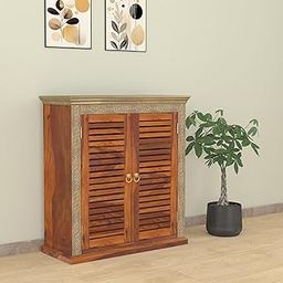 TREE MART Solid Sheesham Wood Shoe Rack for Living Room Hall Home Office | Shoe Cabinet with Brass Work, 3 Shelves & 2 Door Cabinet Storage | Wooden Shoe Rack | Honey Finish-picture-2