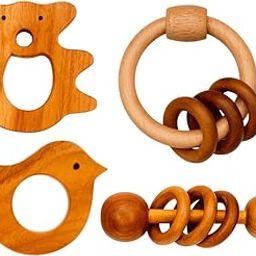 Wooden Baby Rattles Set (1-6 Months) – Natural Toys with Bangla Ring & Dumbbell Rattle & Teddt Teether, Beard Teether – Eco-Friendly Infant Toys for Newborns & Early Sensory-Grasping & Shaking- Visual Tracking (Wooden Teether set)-image-9