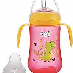 BEEBABY Dino 2 in 1 Spout & Straw Sippy Cup for Baby, Interchangeable Leak Proof, Anti-Spill, Easy to Hold Sipper for Toddlers. 100% BPA Free. (Pink, 240 ML)-image-18
