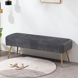 Furniliving Modern Velvet Ottoman Bench, Upholstered Tufted Fabric Entryway Bench with Gold Metal Legs for Living Room Vintage Indoor Bench End Bed Bench Footrest Ottoman (Velvet-Grey)-image-43