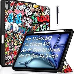 Robustrion Case Cover for iPad Air 11 inch M3 / M2 (2024/2025)/iPad Air 5th Generation Cover/4th Gen 10.9" with [Pencil Holder Right Side][Flexible Back][Auto Sleep Wake] and Stylus Pen - Hippy-picture-29