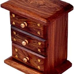KESHA SPREE Wooden 3 Drawer Small Jewellery Box | Wooden Jewellery Box | Desk Organizer with Brass Work - L x B x H - 4.6 x 3 x 6 Inch - Export Quality-image-56