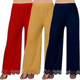 Women's Lycra Palazzo Pants Stretchable Comfortable & Stylish Flared Trousers Lightweight High-Waist Bottoms for Daily Office Festive & Casual Wear Pack of 3-picture-33