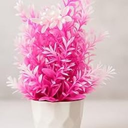 Decorative Artificial Pink& Green Plant with White Geometric Pot, Desktop Faux Flower Arrangement for Home and Office-image-51