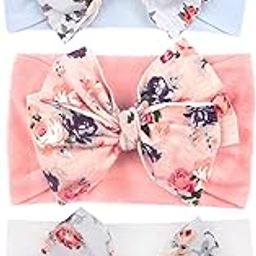 SYGA Pack Of 3 Baby Headbands Printed Flower Bow Strechable Soft Nylon Hairbands for Newborns, Infants, Toddlers, Kids 0-3 Years(Pink-White-Light Purple)-image-21