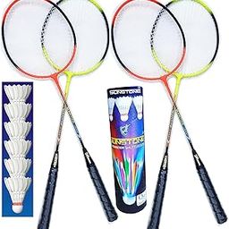 SUNSTONE Steel Badminton Rackets 4 Piece Multi Colour With 6 Feather Shuttle Cocks-picture-29