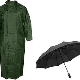 Men's Combo of Long PVC Hooded Raincoat|Over Raincoat with Carry Bag and Green 3 Folded Umbrella with Cover (Green)-picture-45