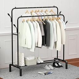 HOKIPO Clothing Rack Double Rod Clothes Organizer with Shelf Storage Clothes Stand for Bedroom Closet Laundry Room (AR-6028)-image-54