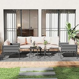 DRX 7 Piece Patio Furniture Set, Patio Conversation Set with Handwoven Rope and Deep Seating, Outdoor Furniture 5-Seat Sofa with Two Round Coffee Table for Balcony, Garden, Yard (Beige)-image-77