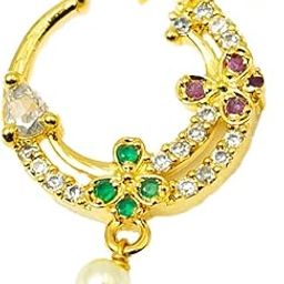 Gold Plated Floral Maharashtrian Nath for Women | CZ Stone Nose Ring with Pearl Drop | Traditional Bridal Jewellery for Wedding-image-48