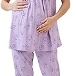 Women's Cotton Printed Maternity & Feeding Night Suit Set of Top & Relaxed Pyjama Nursing Night Dress-2125-37