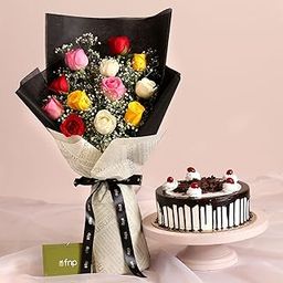 Fnp Young Love Colourful Bouquet Black Forest Cake-image-1