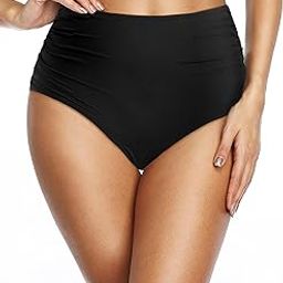 Women Black High Waisted High Cut Bikini Bottom Cheeky Swimsuit Bathing Suit Bottom, Solid Black, M-image-4