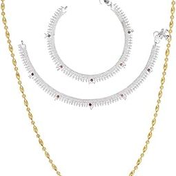 Latest Silver Plated Anklets Pair & 22inches Gold Plated Chain Stylish Women and Girls Jewelry Set-14