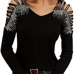 mippo Diamond V-Neck Hollow Long-Sleeved Cold Shoulder Pullover T-Shirt – Fashionable Top-picture-6