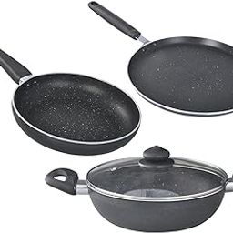 Prestige Omega Deluxe Granite Aluminium 3 Pcs Set- Tawa, Fry Pan & Kadai with 1 Glass Lid|Non-Stick|Spatter-Coated Surface|Induction & Gas Compatible|Black-picture-23