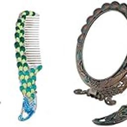 CALANDIS™ Antique Foldable Women Metal Cosmetic Mirror Vanity Set with Comb Green | Combs Brushes | Vanity Perfume & Shaving-image-34