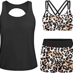 3 Piece Athletic Tankini Swimsuit for Women Sport Swimwear with Boyshort Tank Top with Bra and Shorts Leopard L-image-41
