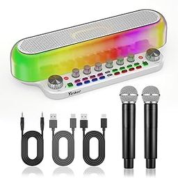 Yinker Karaoke Machine with 2 Wireless Microphones, Portable Bluetooth Live Sound Card with Bass/Treble, Sound Effects, OTG, AUX Input for Live Stream, Home Party, Outdoor, Gifts-3