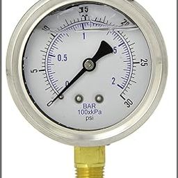 Liquid Filled Pressure Gauge, 2.5" DIAL Display, Stainless Steel CASE, Brass INTERNALS, 1/4 Male NPT Lower Mount Connection, Dual Scale PSI & BAR (0-30 PSI)-image-83