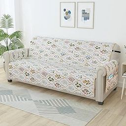 Story@Home Quilted Sofa Cover 3 Seater Fully Covered | 175 X170 Microfiber Sofa Cover 3 Seater Beige & Green Floral & Motif Design 3 Seater Sofa Cover for Living Room & Create Your Own Customized Set-image-14