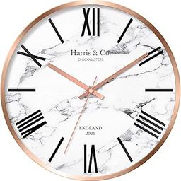 HARRIS & CO. CLOCKMASTERS Luxury Wall Clock, Marble Design - 12 inch (Rosegold Metal Frame & Hands)(Silent Sweep Noiseless Technology) (White)-Analog-6