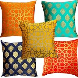 PINK PARROT Dupion Silk 150TC Cushion Cover, 16x16 Inch, Multicolour, Set of 5-image-16