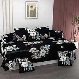 BLACK SPADE Diwan Set Covers 8 Pieces Heavy Glace Cotton Designer Printed Standard Diwan Set (1 Single Bedsheet, 2 Bolster Covers and 5 Cushion Covers) (Black Cat)-image-93