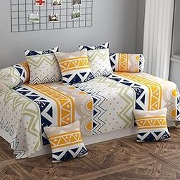 NHD HOME diwan Set for Living Room, diwan Set Covers Glace Cotton, diwan Set 8 Pieces (1 Single Bedsheet, 5 Cushion Covers, 2 Bolster Covers) (Color-White and Yellow) Abstract-image-8
