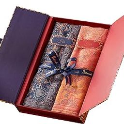 His And Her Set Of Jamawar Stole and Shawl, Premium Gift Box Packaging, Navy Blue and Peach-image-91