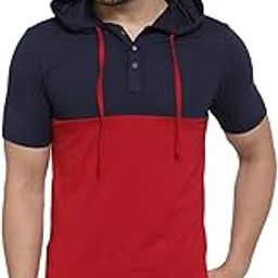 Men Half Sleeves Dual Colour Cotton Blend Hoodie(Red::Navy)-23