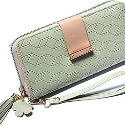 Women's Geometric Pattern Vegan Leather Wallet with Zipper Bi-Fold Card,Coin Holder (Green)-image-2