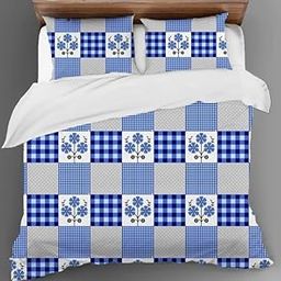 JYOTEX Floral Printed Bedspread Set, Blue and White Gingham Pattern with Printed Flowers, King Size-image-90