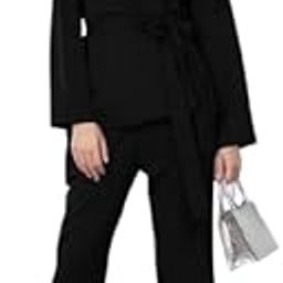 Women's co-ord Set (Solid Crepe Belted Open top & Pant Set)-6