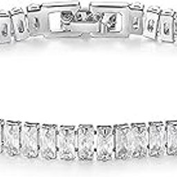 Silver Plated Baguette Stone Studded Tennis Bracelet Stylish Fashion Jewellery for Women & Girls Valentines Gift for Her|Mothers Day Gifts for Mom-image-1