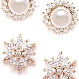 Set of 2 Gold Tone Contemporary Cubic Zirconia Brass Stud Earrings For Women-ZPFK11152-43
